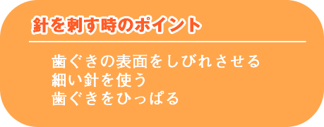 針を指す時のポイント。歯ぐきの表面をしびれさせる。細い針を使う。歯ぐきをひっぱる。